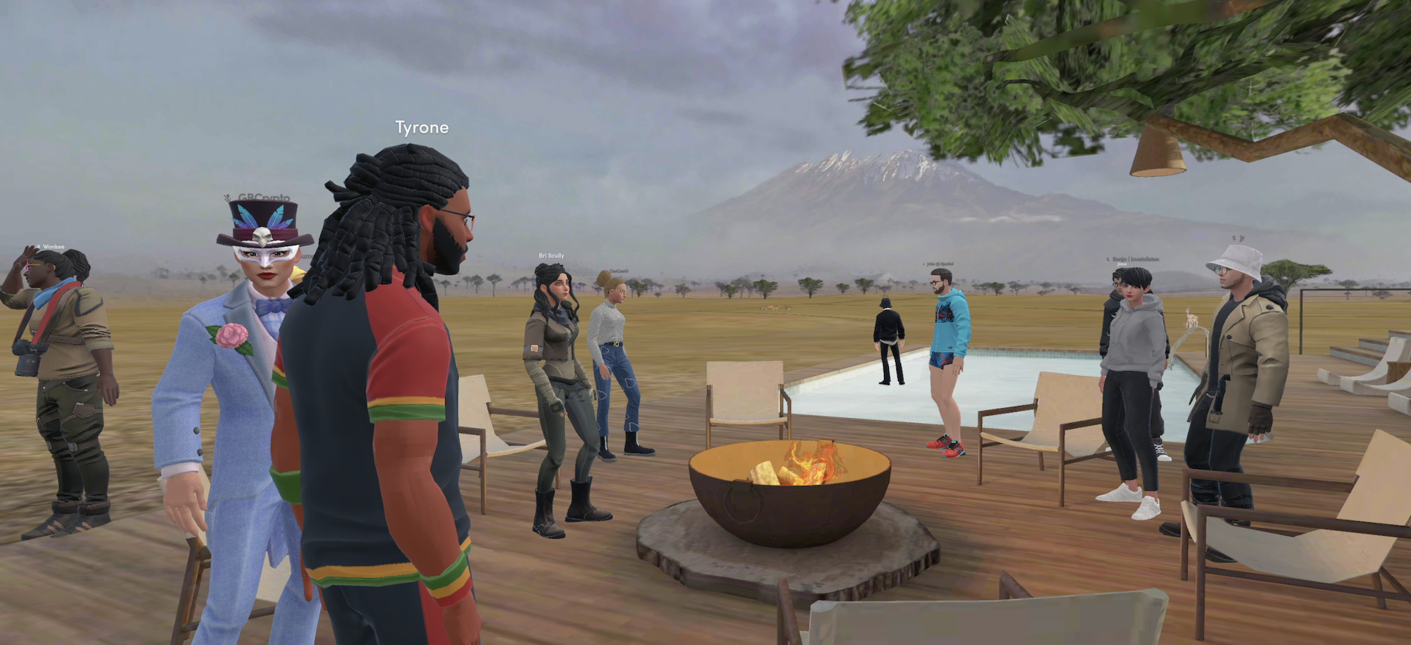 avatars around a fire in a virutal outdoor space